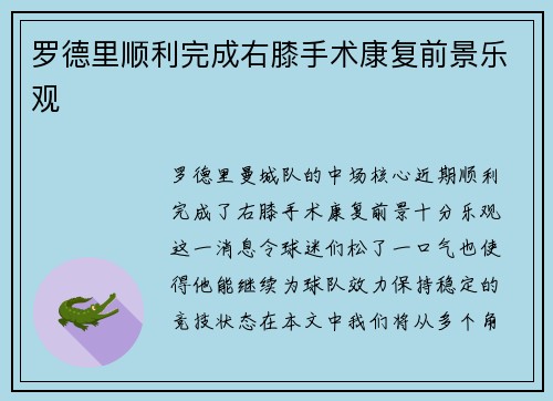 罗德里顺利完成右膝手术康复前景乐观 罗德里顺利完成右膝手术康复前景乐观